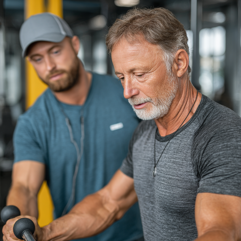 Чоловік 58 років працює з персональним тренером над правильною технікою виконання вправ, демонструючи індивідуальний підхід до тренувань