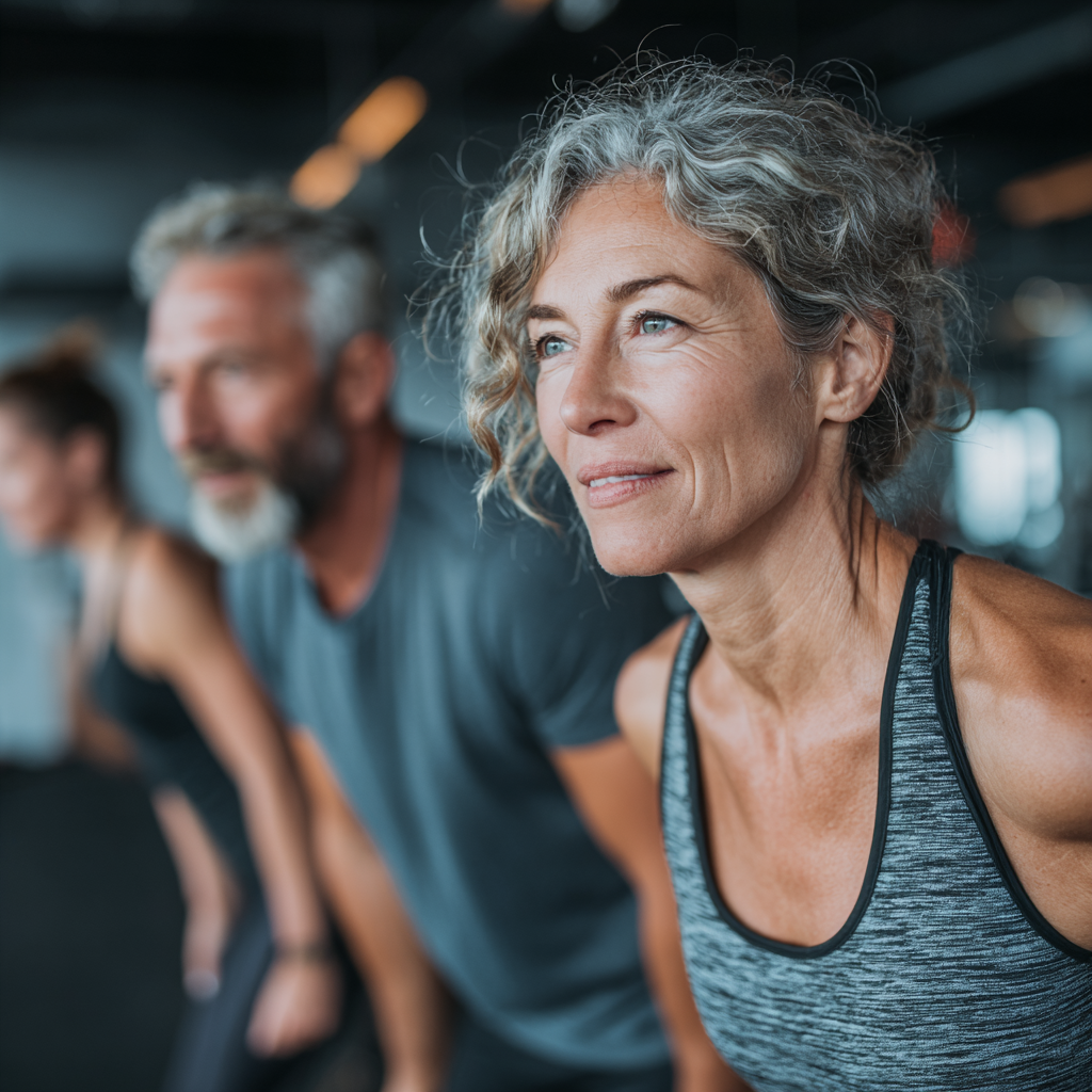 Група людей віком 52-60 років разом займається функціональним фітнесом в сучасно обладнаному залі, демонструючи командний дух та активний спосіб життя