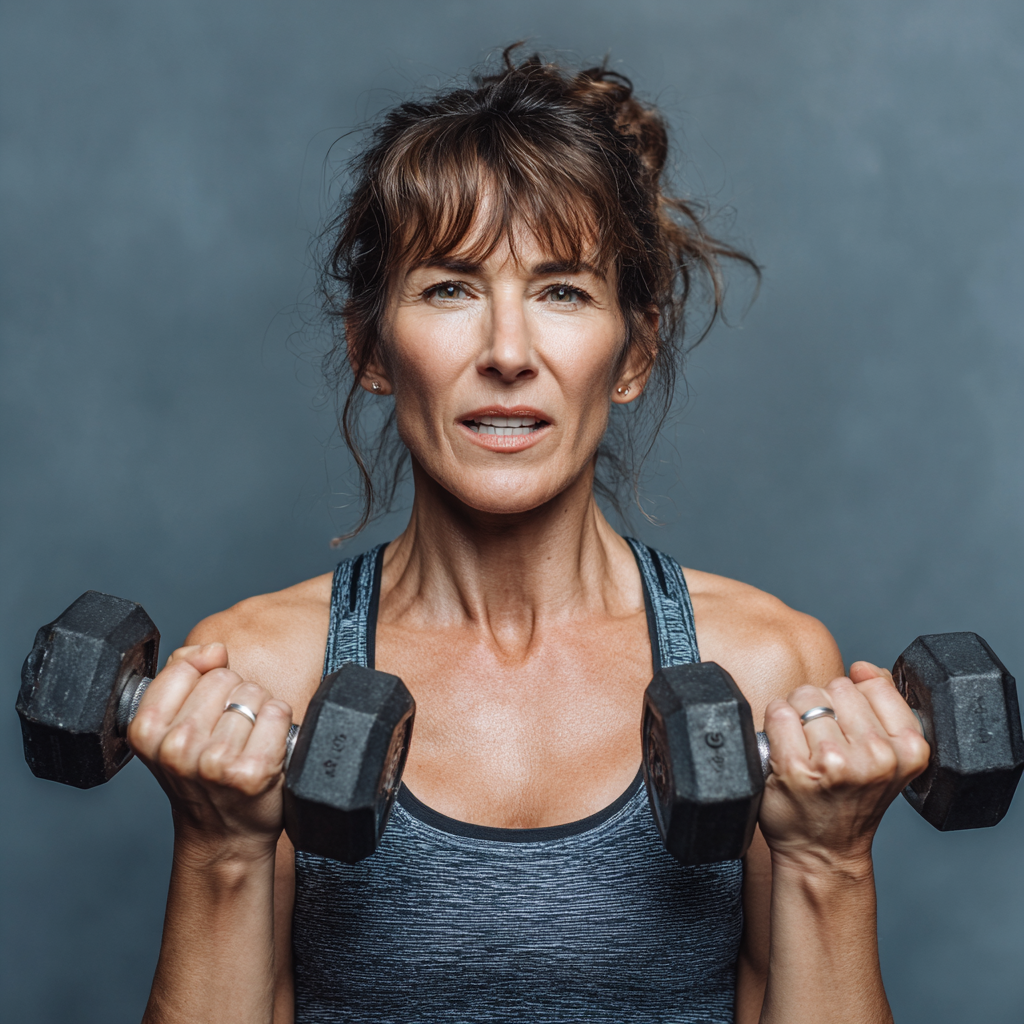 Енергійна жінка 55 років виконує функціональні вправи з гантелями, демонструючи правильну техніку та мотивацію до здорового способу життя